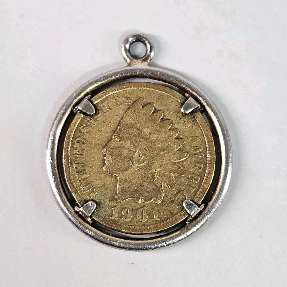 Antique 1901 Indian Head Penny Coin Necklace Pendant Mounted One Cent USA